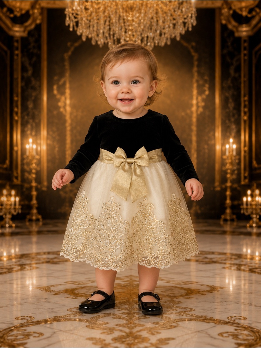 Rare Editions Girls 18M Black Gold Velvet Tulle Dress EUC